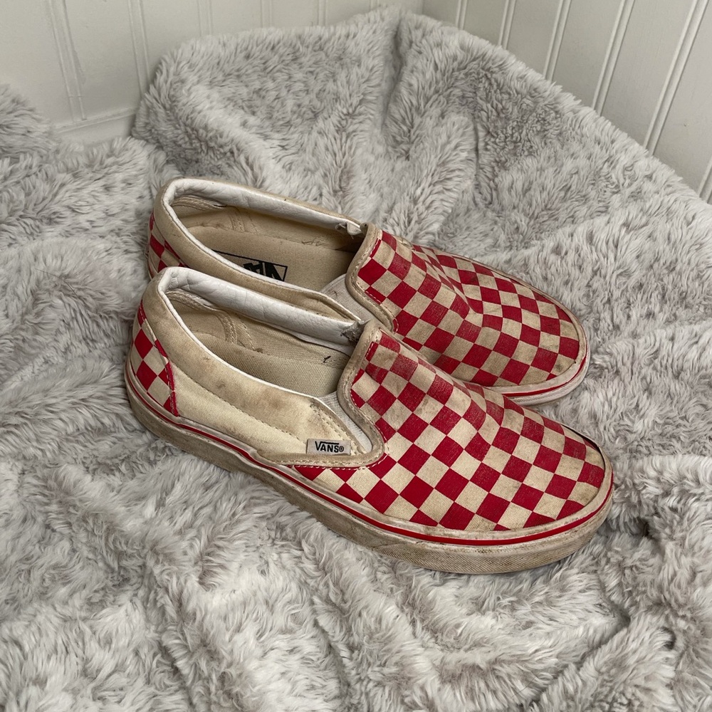 Red Checkerboard Slip-on Vans,, Women’s 8.5 or Men’s 7